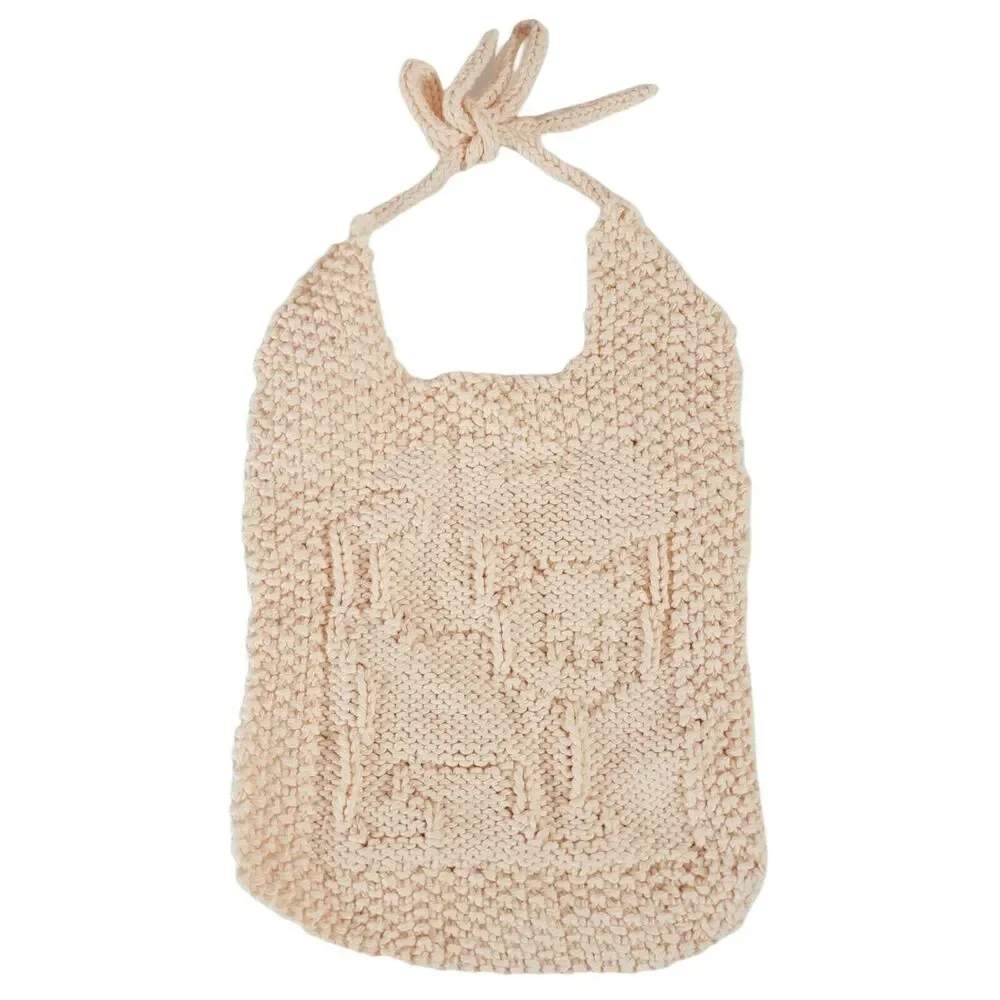 Baby Bib Hand Knitted with Cat Crochet Cotton Yarn Handmade Tie-Back Peach Pink
